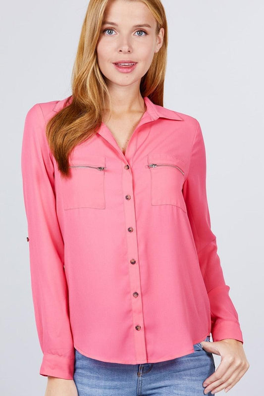 Women sleeve pocket woven blouse