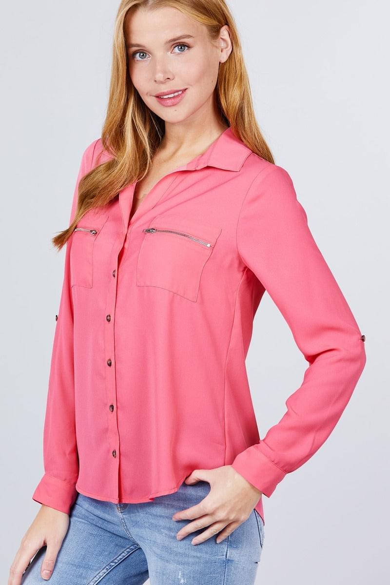 Women sleeve pocket woven blouse