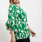 Geometric print ruffled bell sleeve woven top