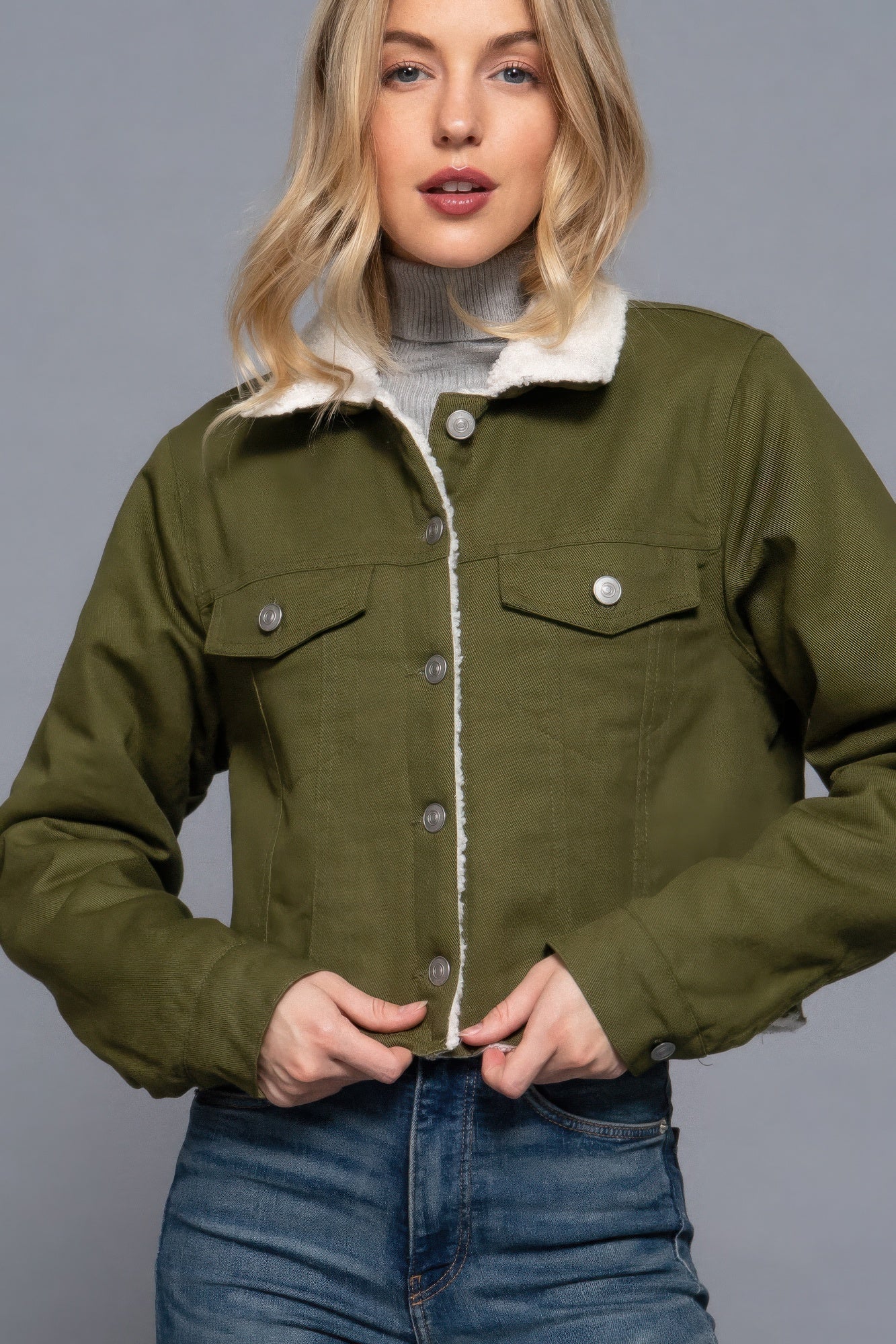 Button Closure Sherpa Lined Twill jacket Womens