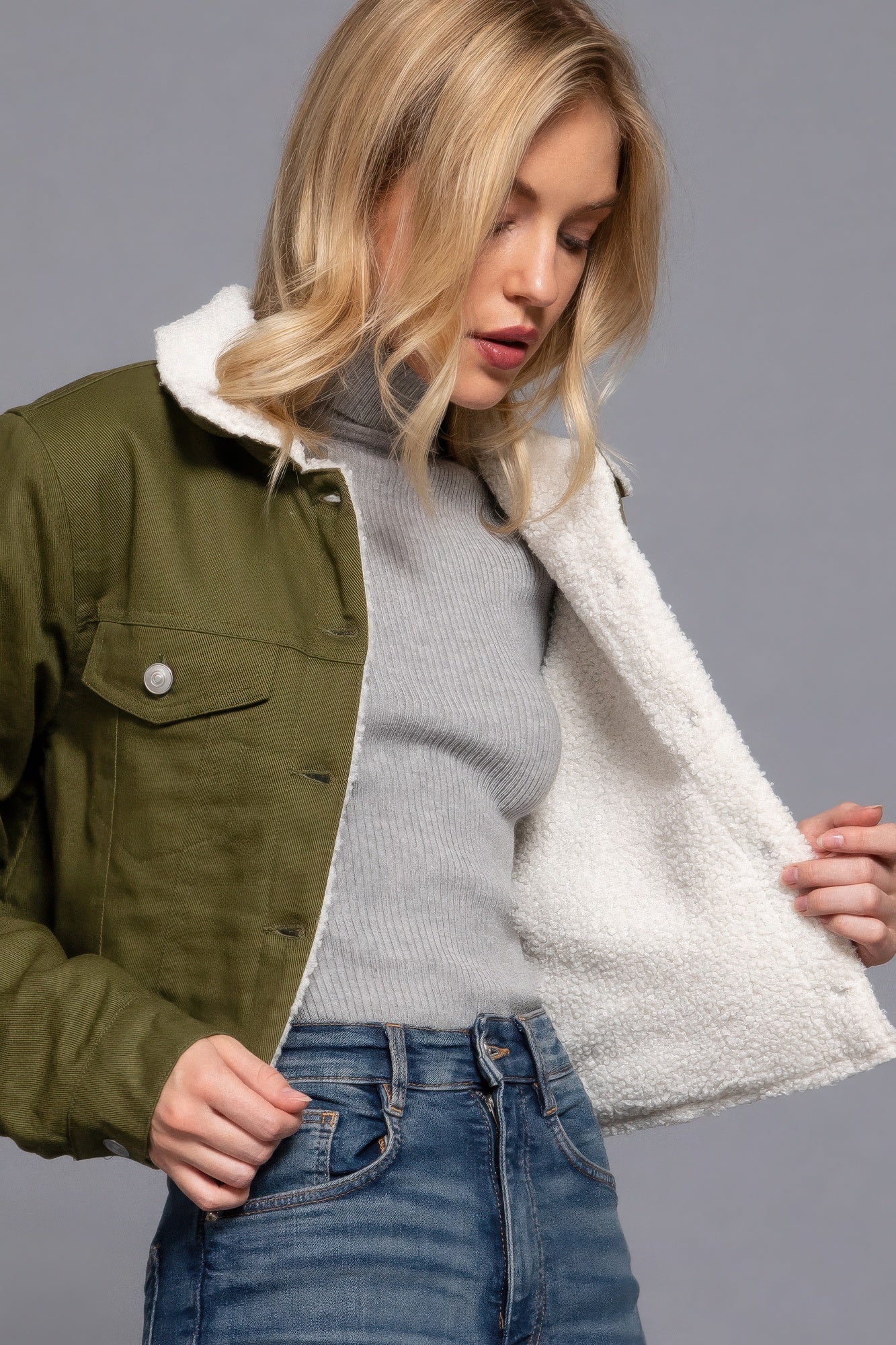 Button Closure Sherpa Lined Twill jacket Womens