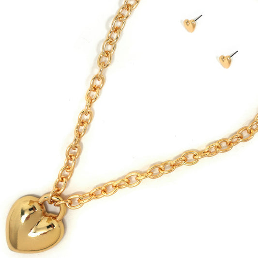 Metal Chain Heart Pendant Necklace Earring Set