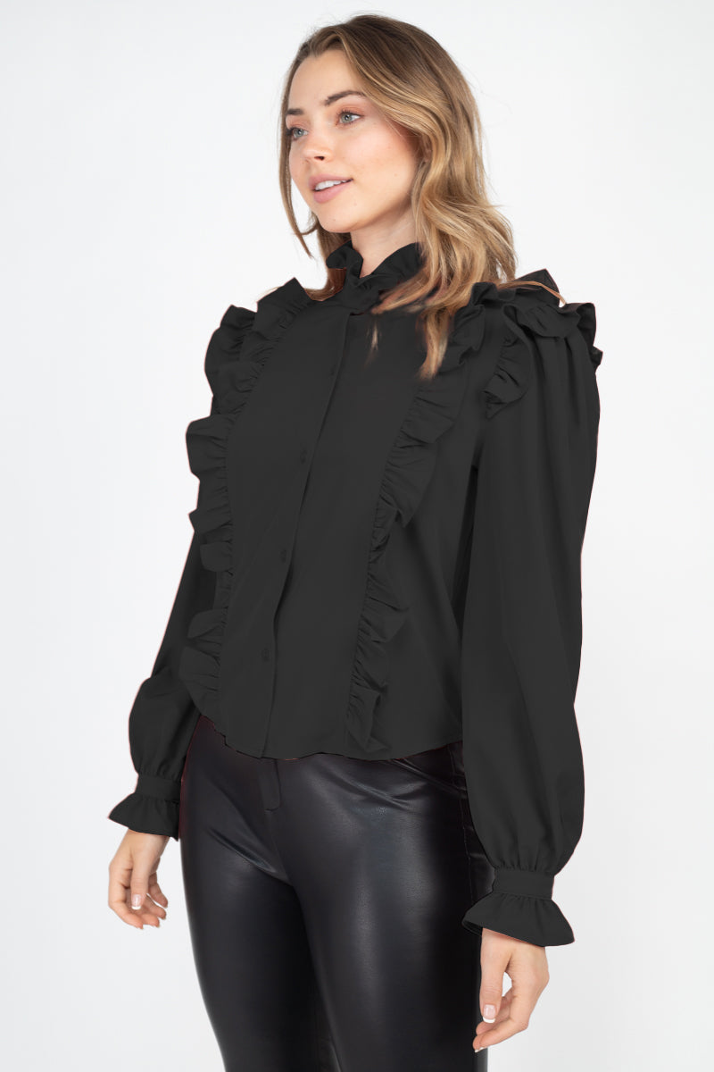 Mock Neck Ruffled Buttoned Top - SIUM