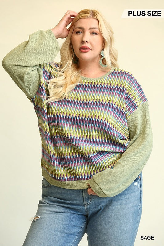 Novelty Knit And Solid Knit Mixed Loose Top With Drop Down Shoulder - SIUM