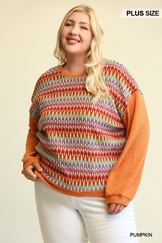 Novelty Knit And Solid Knit Mixed Loose Top With Drop Down Shoulder - SIUM