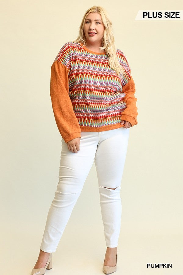 Novelty Knit And Solid Knit Mixed Loose Top With Drop Down Shoulder - SIUM