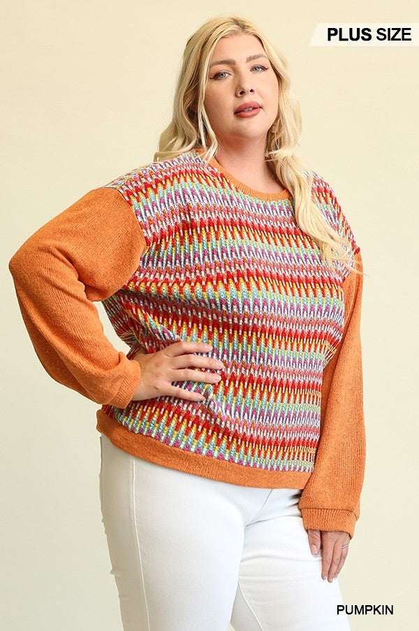 Novelty Knit And Solid Knit Mixed Loose Top With Drop Down Shoulder - SIUM