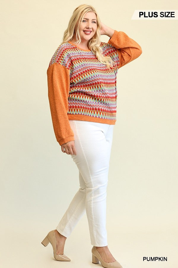 Novelty Knit And Solid Knit Mixed Loose Top With Drop Down Shoulder - SIUM