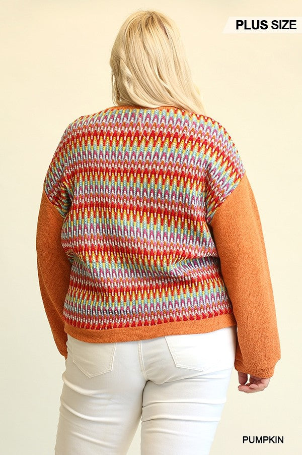 Novelty Knit And Solid Knit Mixed Loose Top With Drop Down Shoulder - SIUM