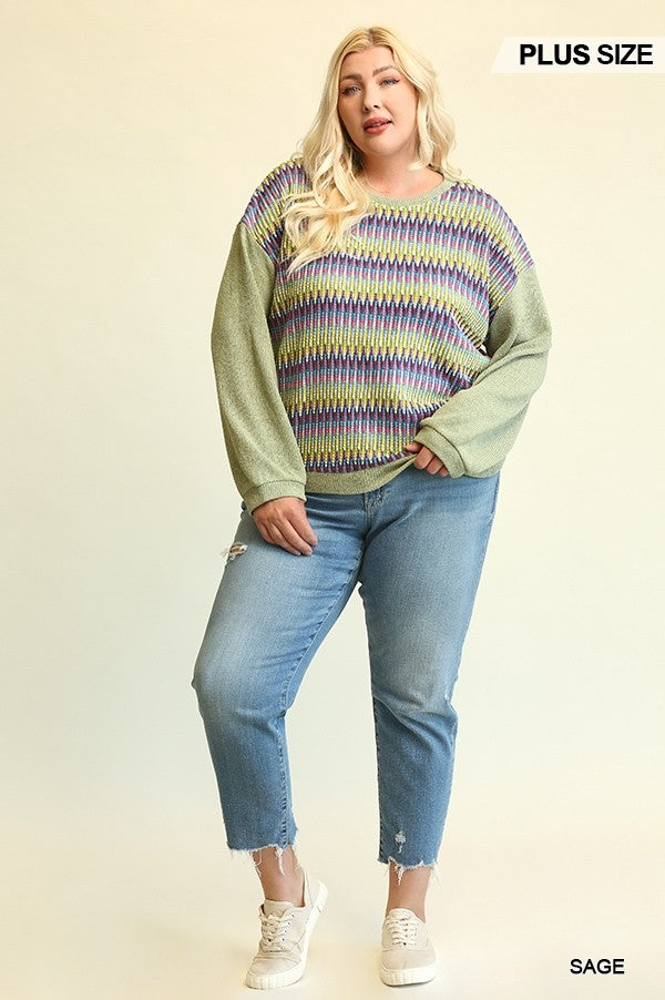 Novelty Knit And Solid Knit Mixed Loose Top With Drop Down Shoulder - SIUM