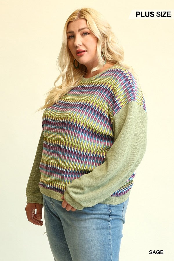 Novelty Knit And Solid Knit Mixed Loose Top With Drop Down Shoulder - SIUM