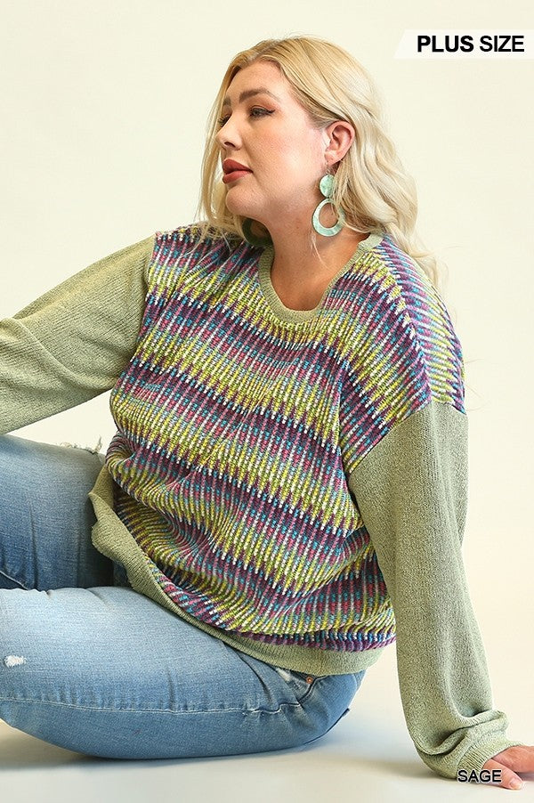 Novelty Knit And Solid Knit Mixed Loose Top With Drop Down Shoulder - SIUM