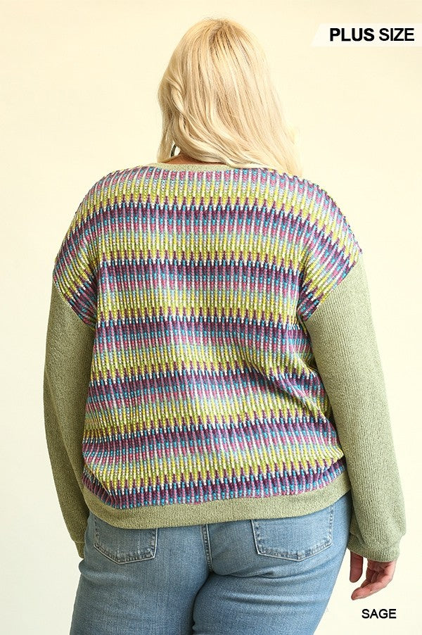 Novelty Knit And Solid Knit Mixed Loose Top With Drop Down Shoulder - SIUM