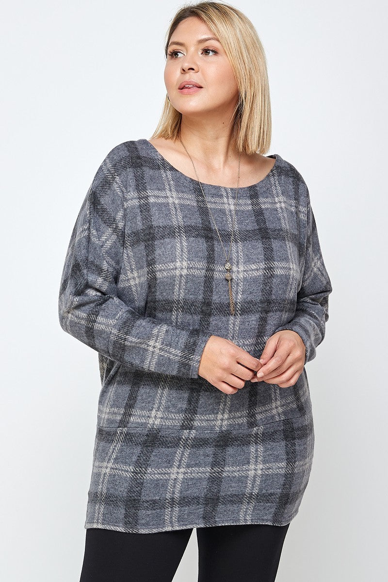 Boat Neck, Plaid Print Tunic Top, With Long Dolman Sleeves - SIUM