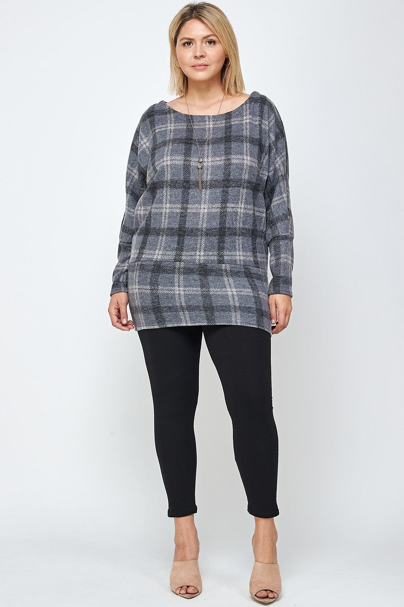 Boat Neck, Plaid Print Tunic Top, With Long Dolman Sleeves - SIUM