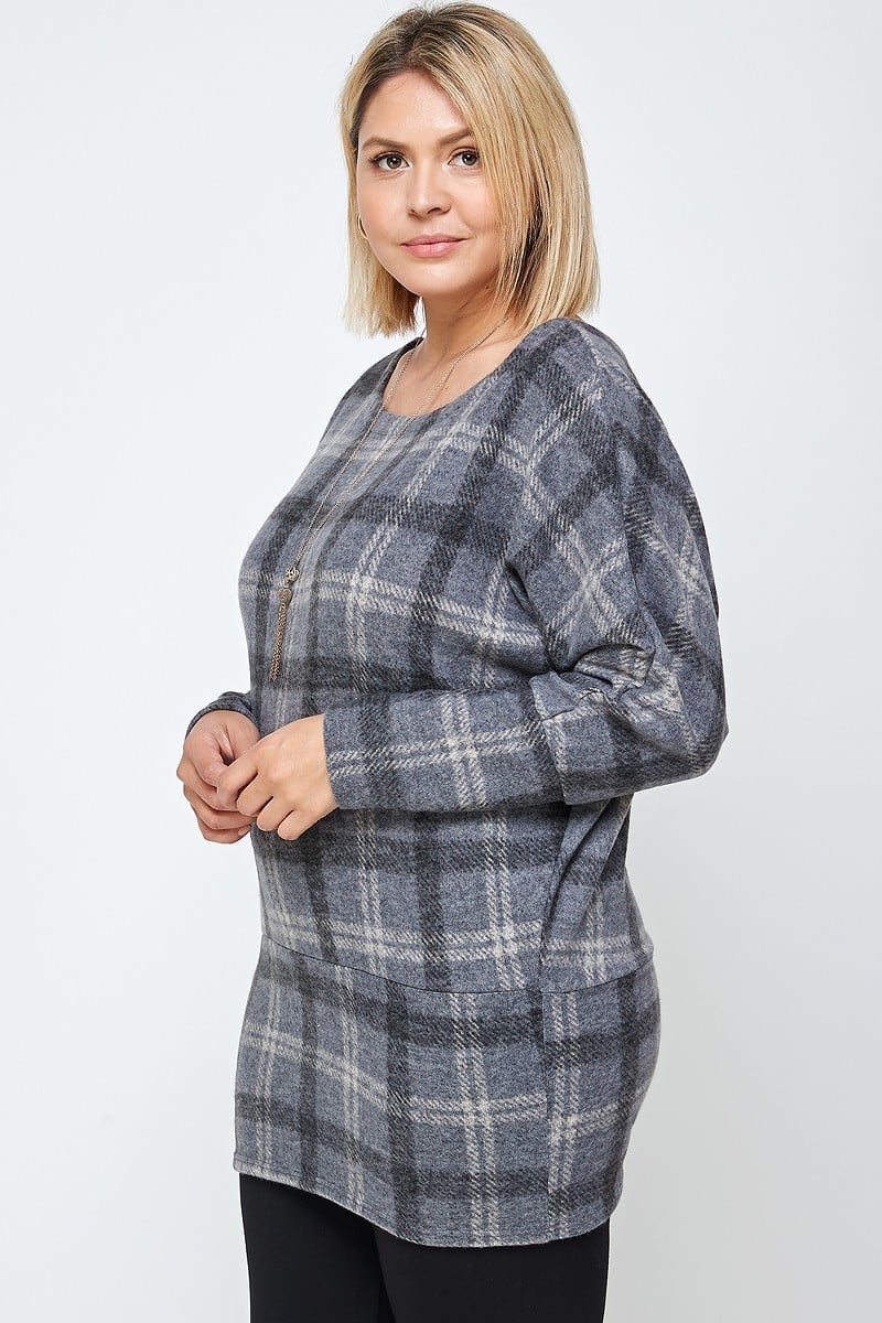 Boat Neck, Plaid Print Tunic Top, With Long Dolman Sleeves - SIUM