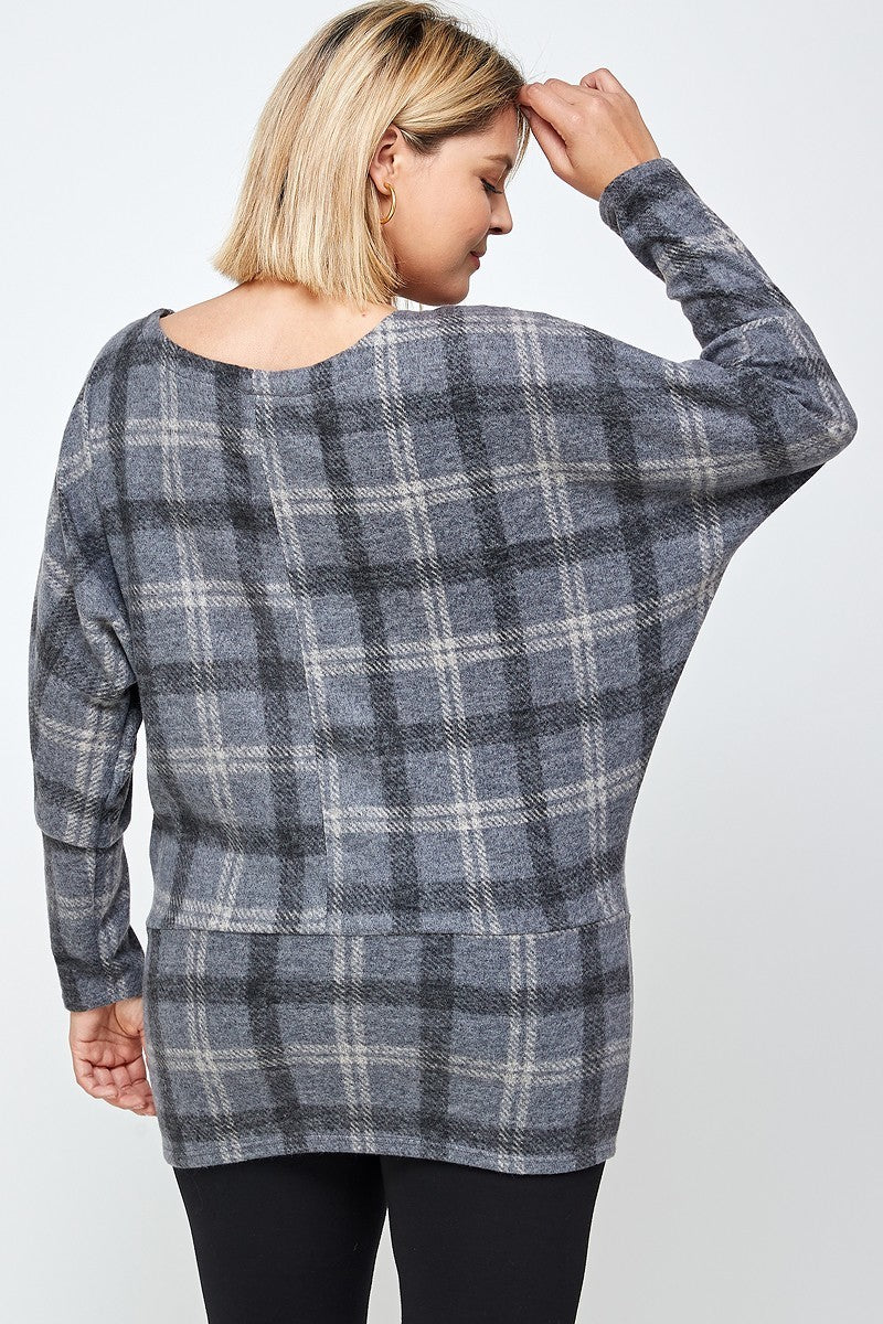 Boat Neck, Plaid Print Tunic Top, With Long Dolman Sleeves - SIUM