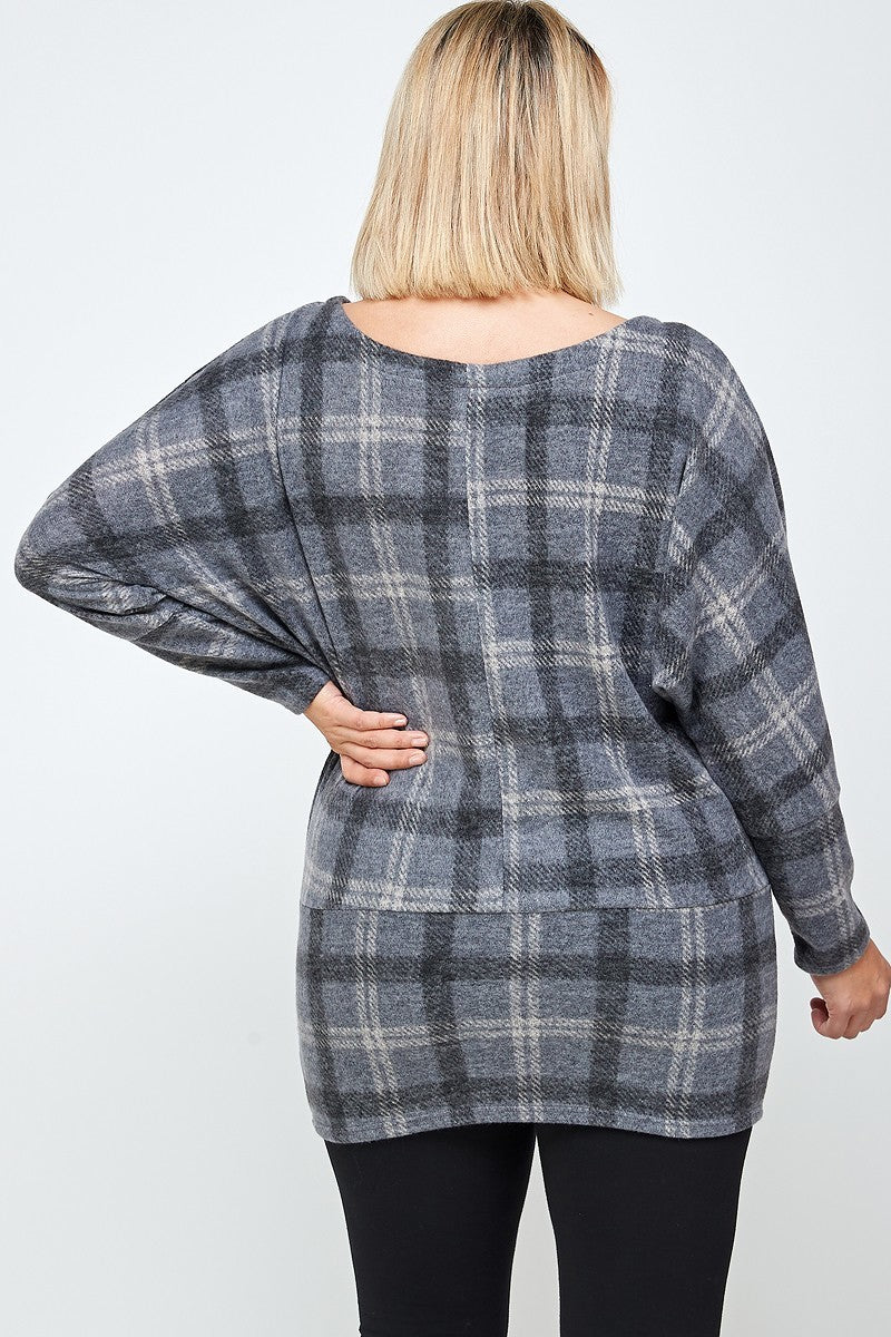 Boat Neck, Plaid Print Tunic Top, With Long Dolman Sleeves - SIUM