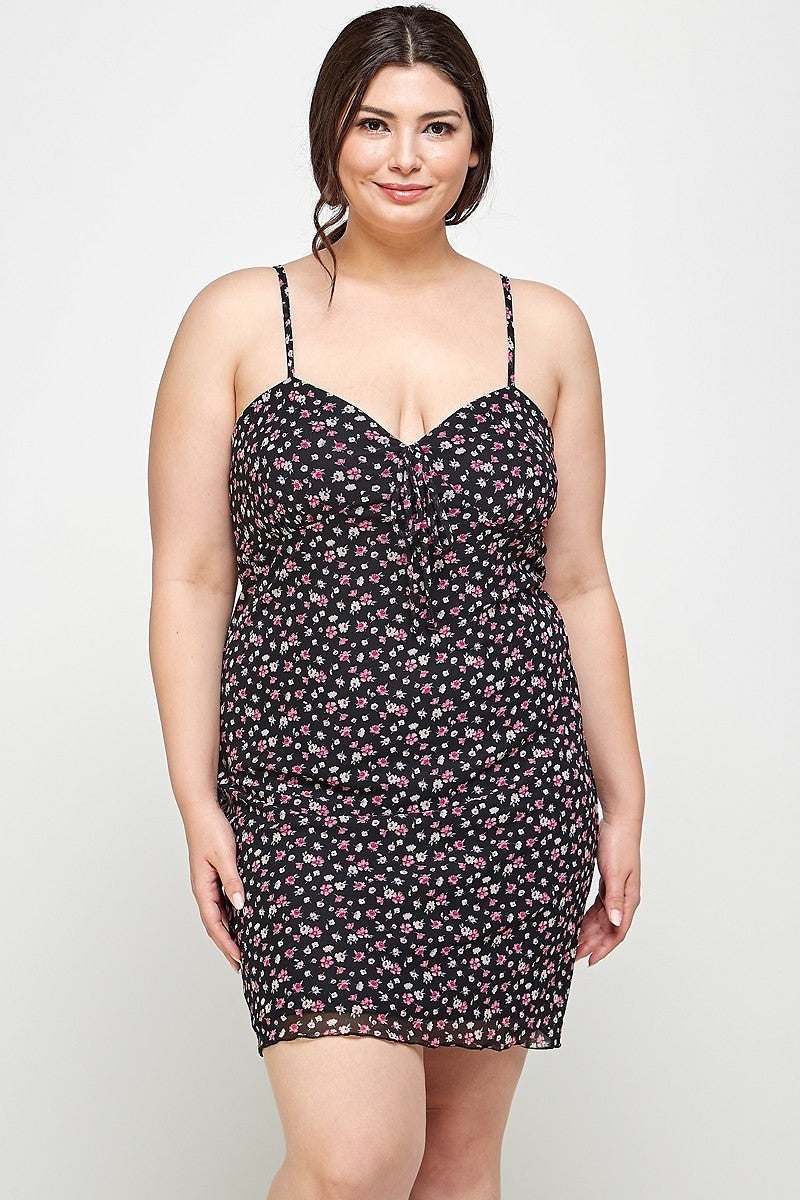 Plus Size Ditsy Floral Print On Mesh Fabric Cami Dress - SIUM