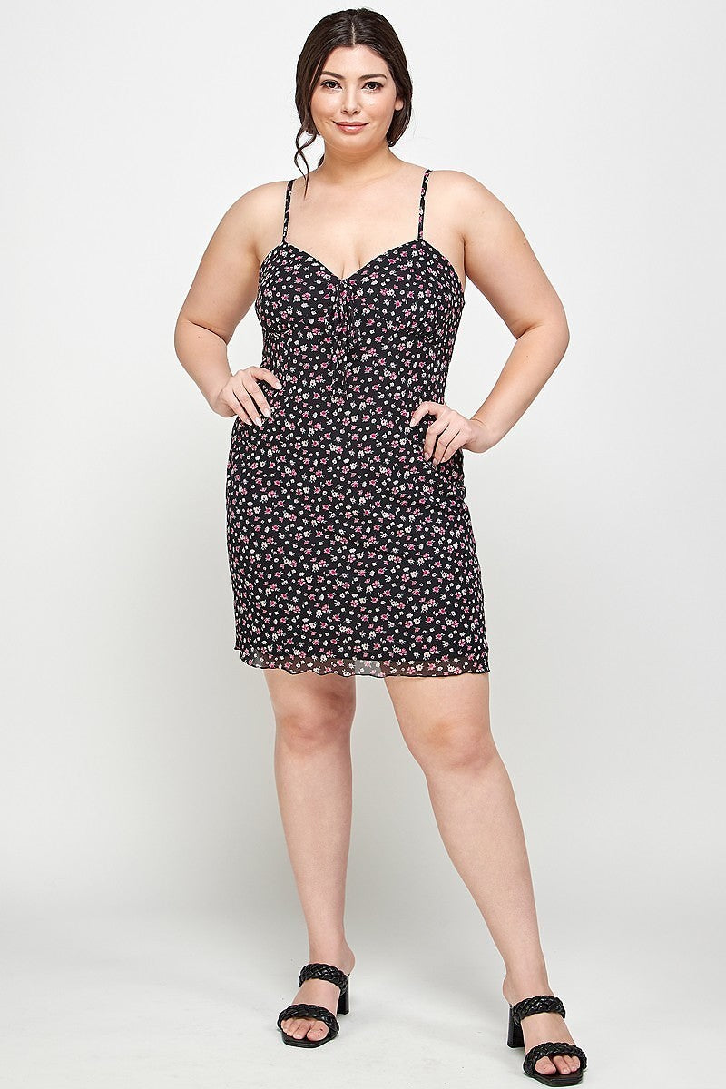 Plus Size Ditsy Floral Print On Mesh Fabric Cami Dress - SIUM