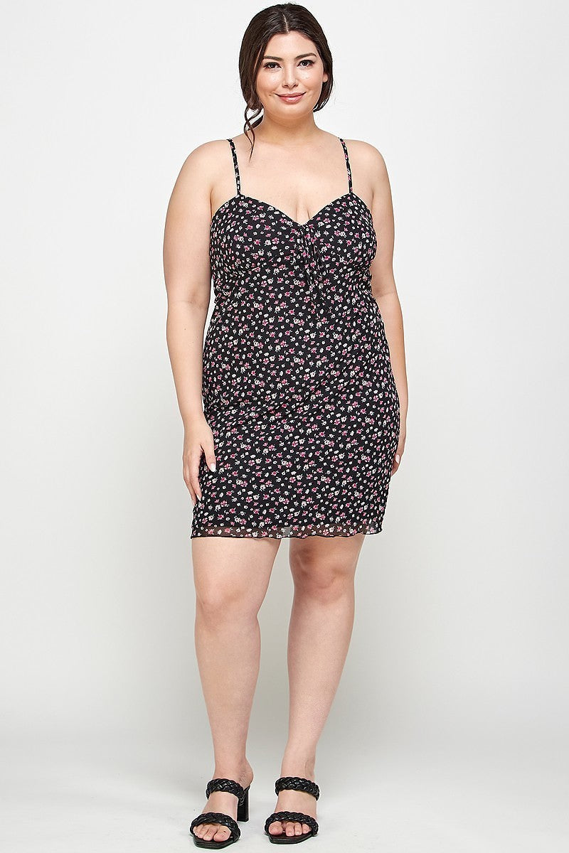 Plus Size Ditsy Floral Print On Mesh Fabric Cami Dress - SIUM