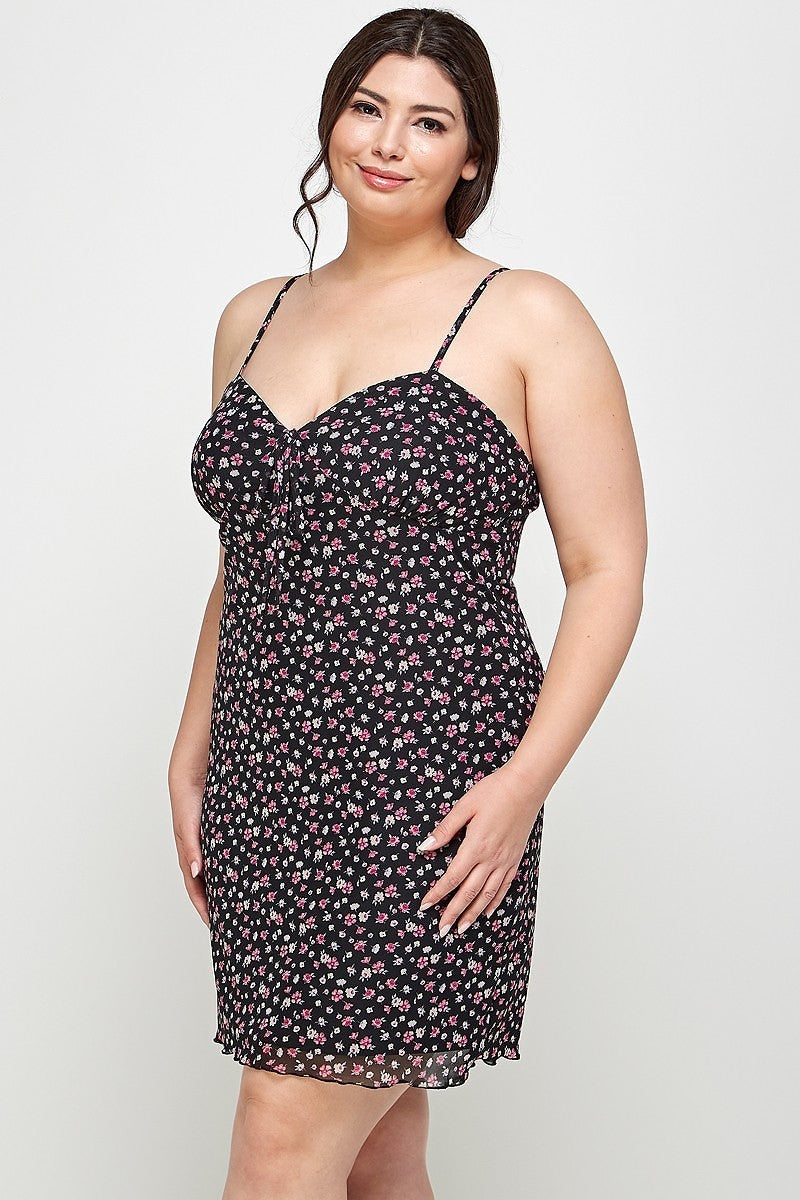 Plus Size Ditsy Floral Print On Mesh Fabric Cami Dress - SIUM