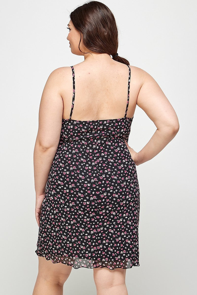 Plus Size Ditsy Floral Print On Mesh Fabric Cami Dress - SIUM