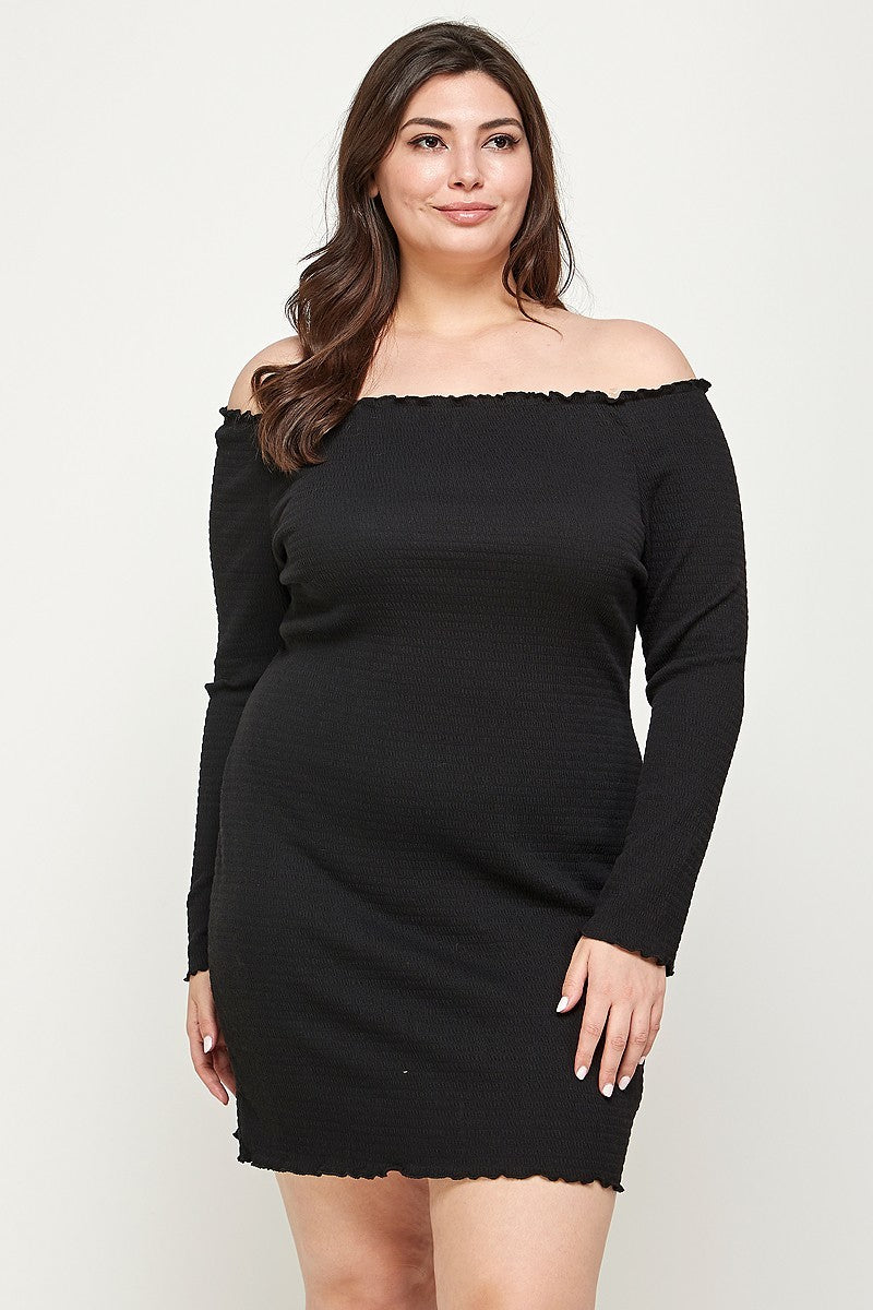 Plus Size, Solid Smocked Off Shoulder Dress - SIUM