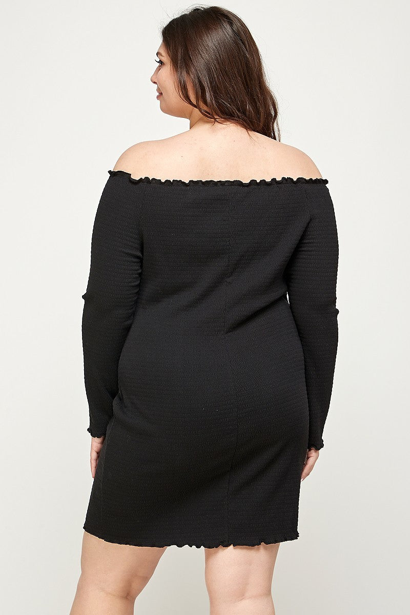 Plus Size, Solid Smocked Off Shoulder Dress - SIUM