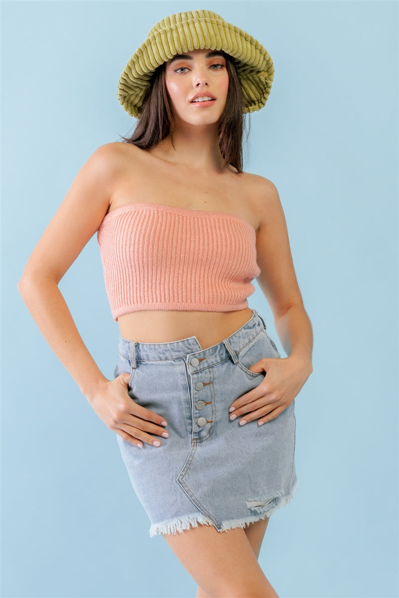 Dusty Peach Knit Strapless Crop Top - SIUM