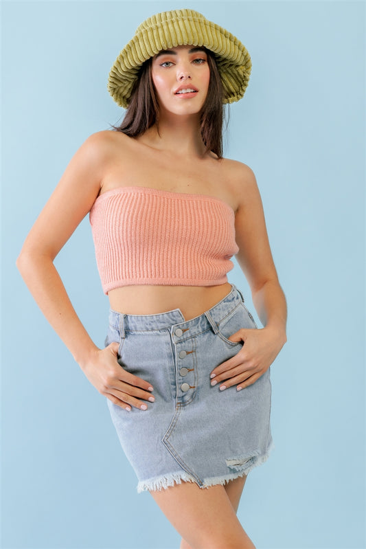 Dusty Peach Knit Strapless Crop Top - SIUM