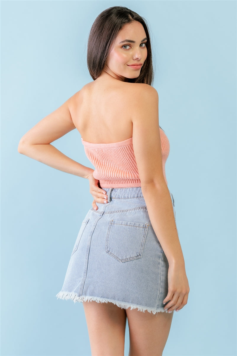 Dusty Peach Knit Strapless Crop Top - SIUM