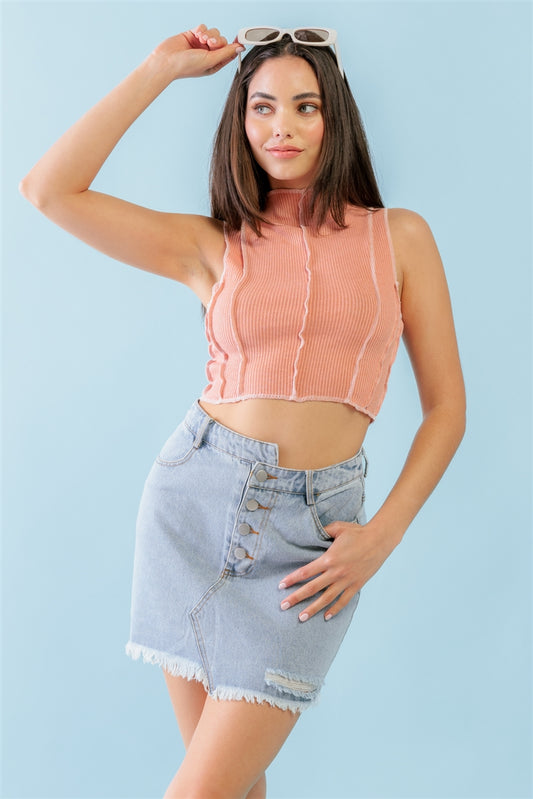 Dark Peach Ribbed Inside-out Sleeveless Mock Neck Crop Top - SIUM