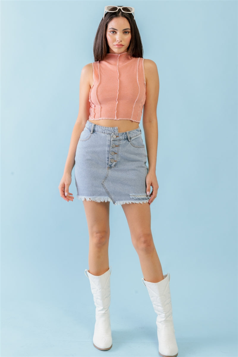 Dark Peach Ribbed Inside-out Sleeveless Mock Neck Crop Top - SIUM