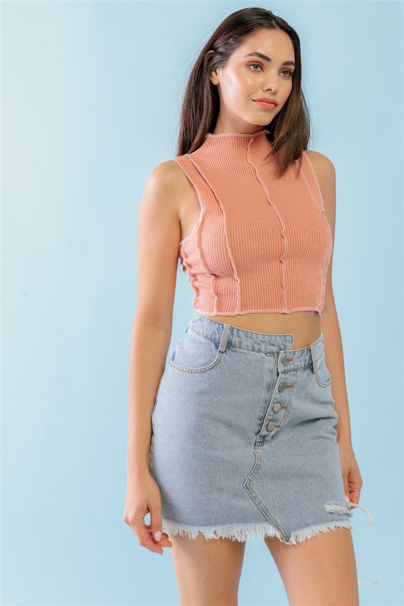 Dark Peach Ribbed Inside-out Sleeveless Mock Neck Crop Top - SIUM