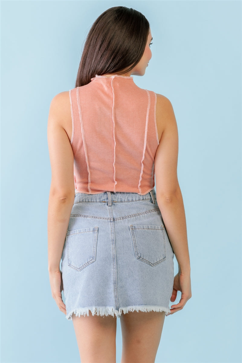 Dark Peach Ribbed Inside-out Sleeveless Mock Neck Crop Top - SIUM