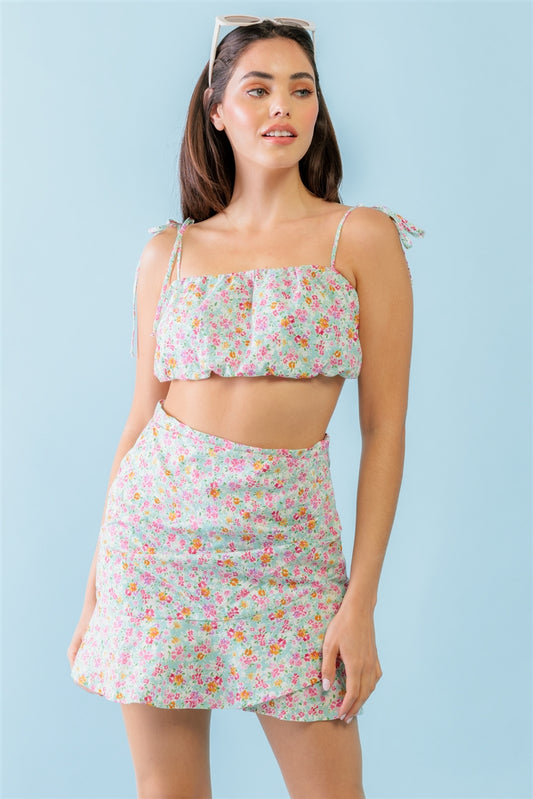 Mint Fuchsia Print Cotton Sleeveless Strappy Crop Top & High Waist Wrap Hem Mini Skirt Set - SIUM