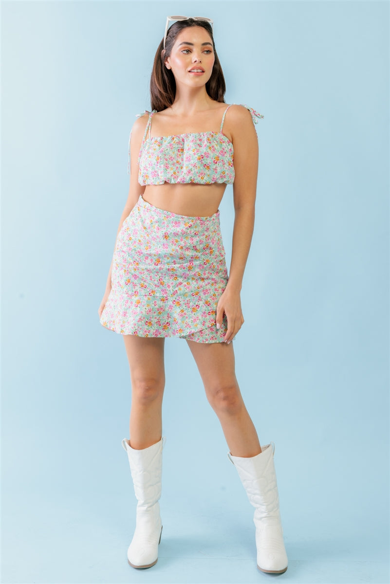 Mint Fuchsia Print Cotton Sleeveless Strappy Crop Top & High Waist Wrap Hem Mini Skirt Set - SIUM