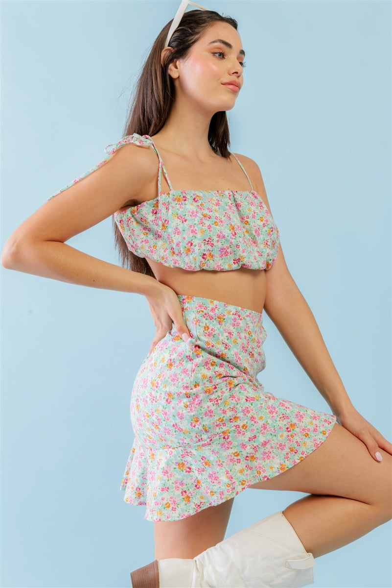 Mint Fuchsia Print Cotton Sleeveless Strappy Crop Top & High Waist Wrap Hem Mini Skirt Set - SIUM