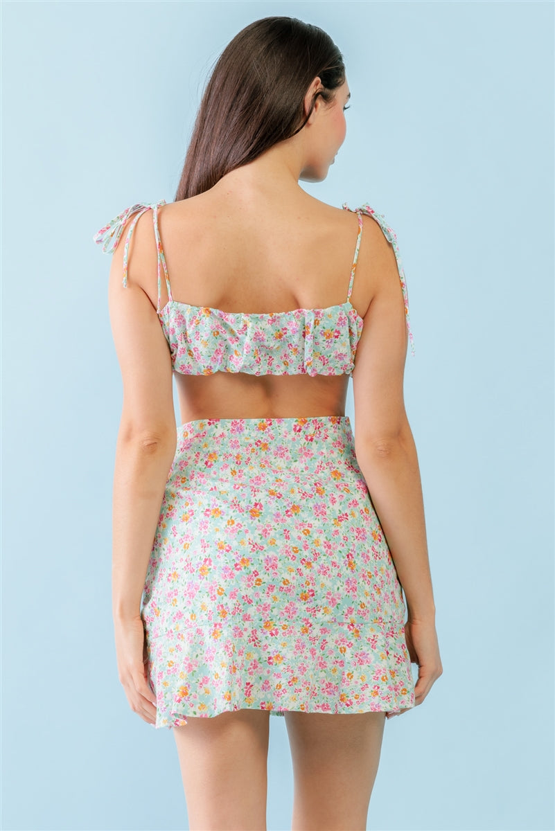 Mint Fuchsia Print Cotton Sleeveless Strappy Crop Top & High Waist Wrap Hem Mini Skirt Set - SIUM