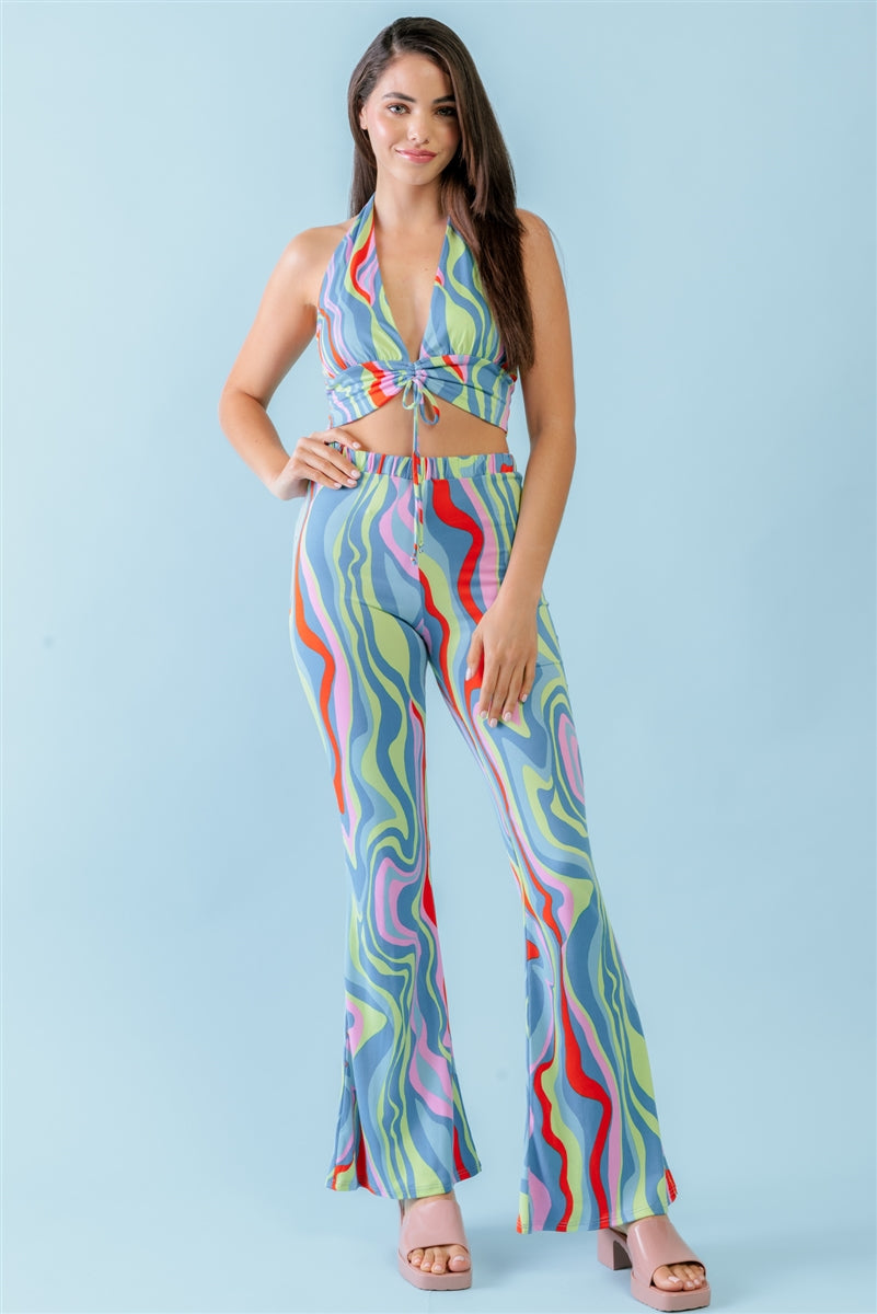 Multicolor Abstract Print Halter V-neck Ruched Open Back Crop Top & High Waist Pants Set - SIUM