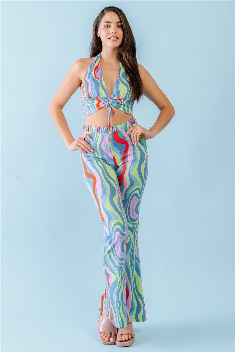 Multicolor Abstract Print Halter V-neck Ruched Open Back Crop Top & High Waist Pants Set - SIUM