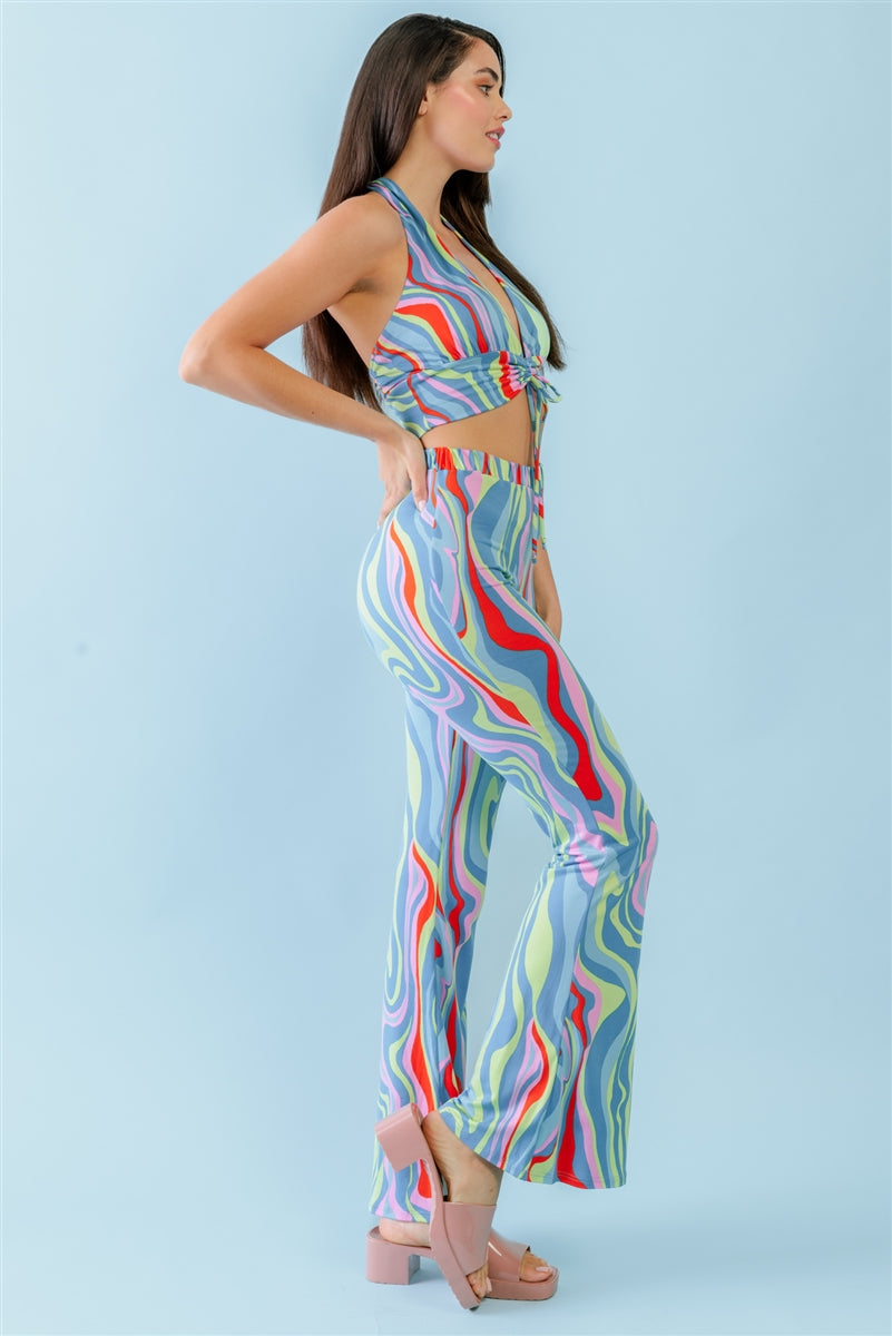 Multicolor Abstract Print Halter V-neck Ruched Open Back Crop Top & High Waist Pants Set - SIUM