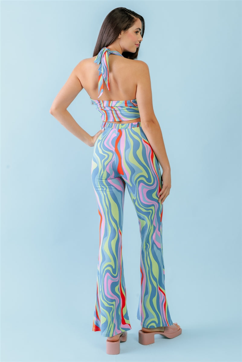 Multicolor Abstract Print Halter V-neck Ruched Open Back Crop Top & High Waist Pants Set - SIUM