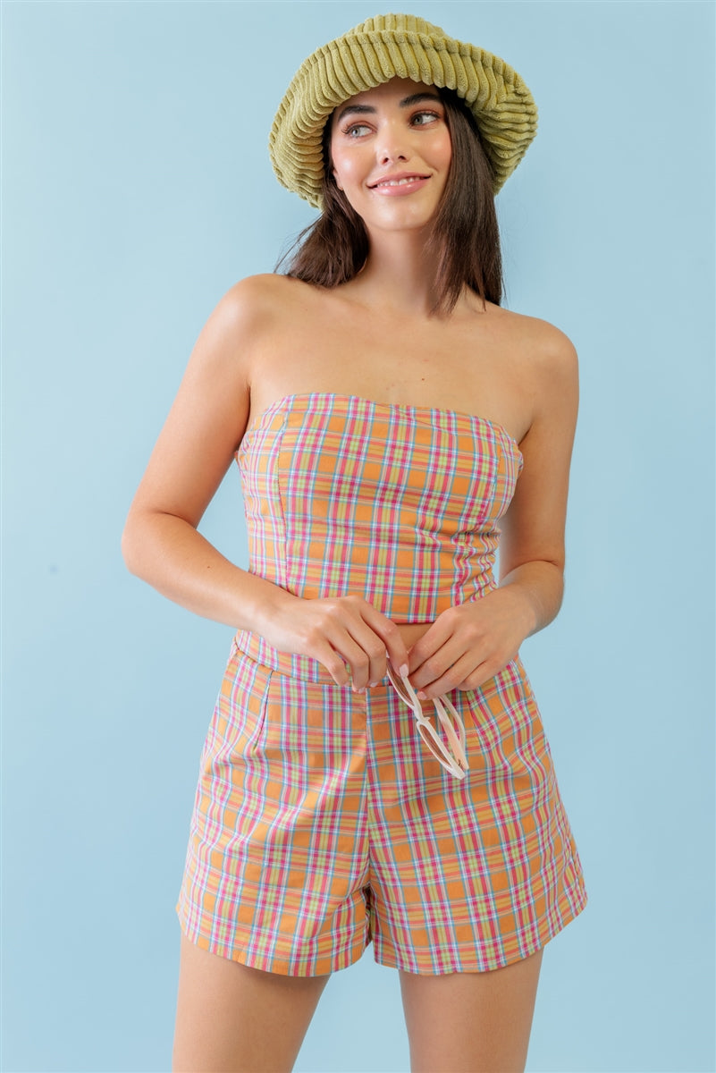 Orange & Aqua Plaid Print Cotton Strapless Crop Top & High Waist Two Pocket Shorts Set - SIUM