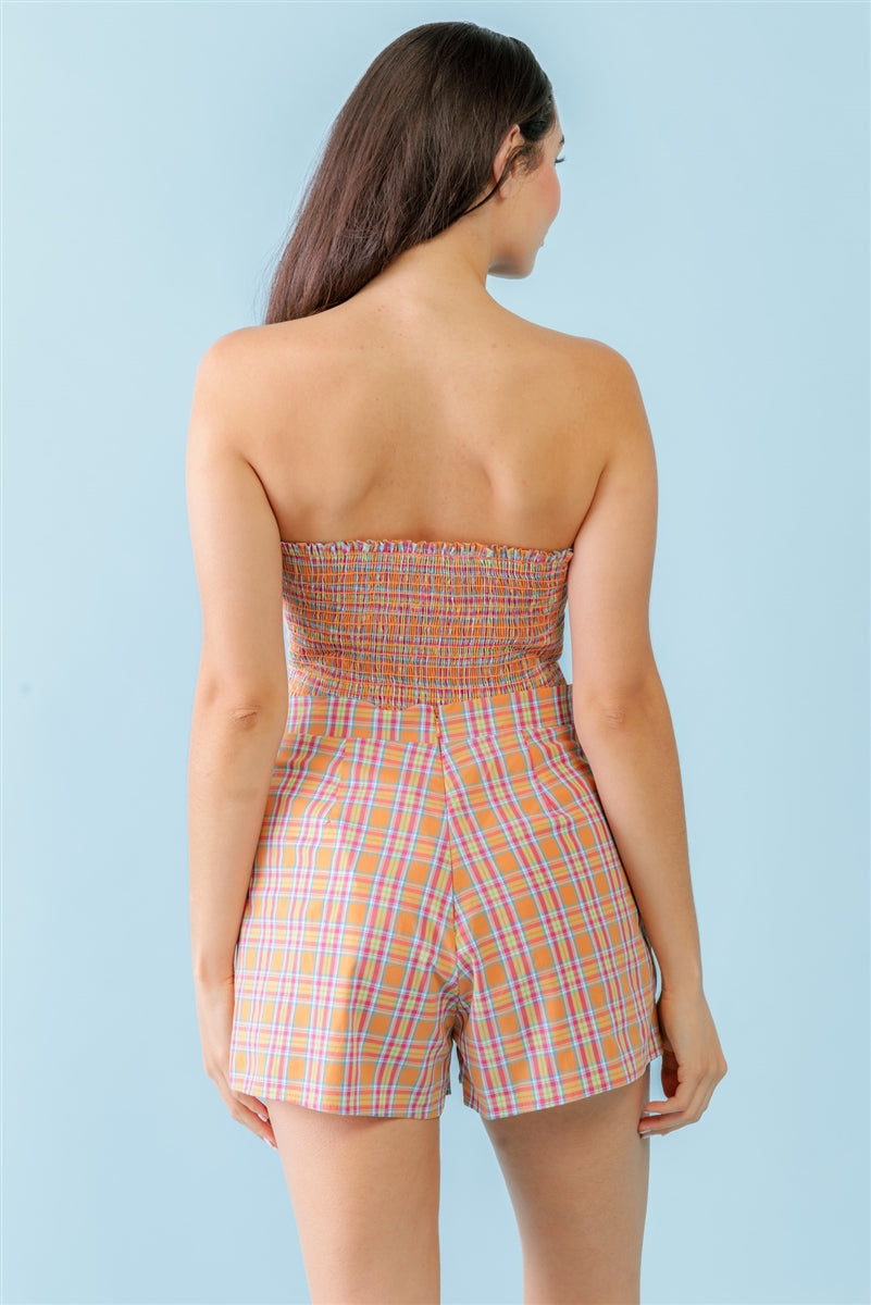 Orange & Aqua Plaid Print Cotton Strapless Crop Top & High Waist Two Pocket Shorts Set - SIUM