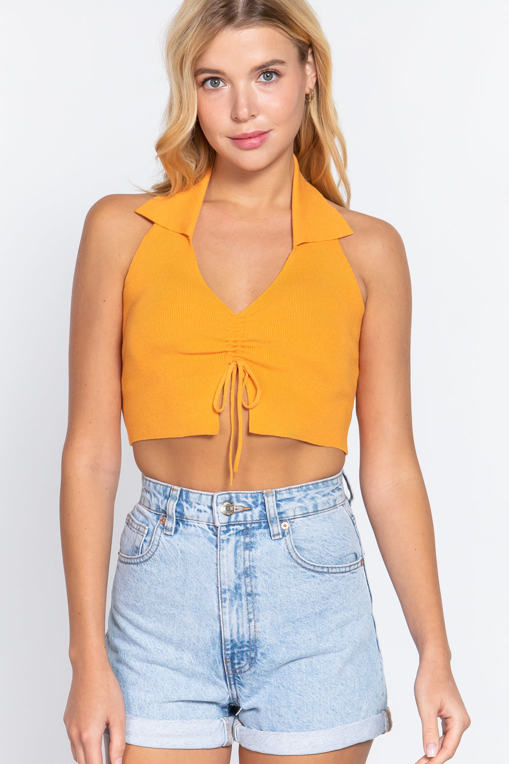 Halter Ruched Crop Sweater Knit Top - SIUM