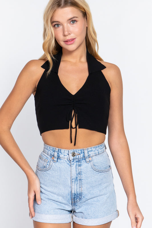 Halter Ruched Crop Sweater Knit Top - SIUM