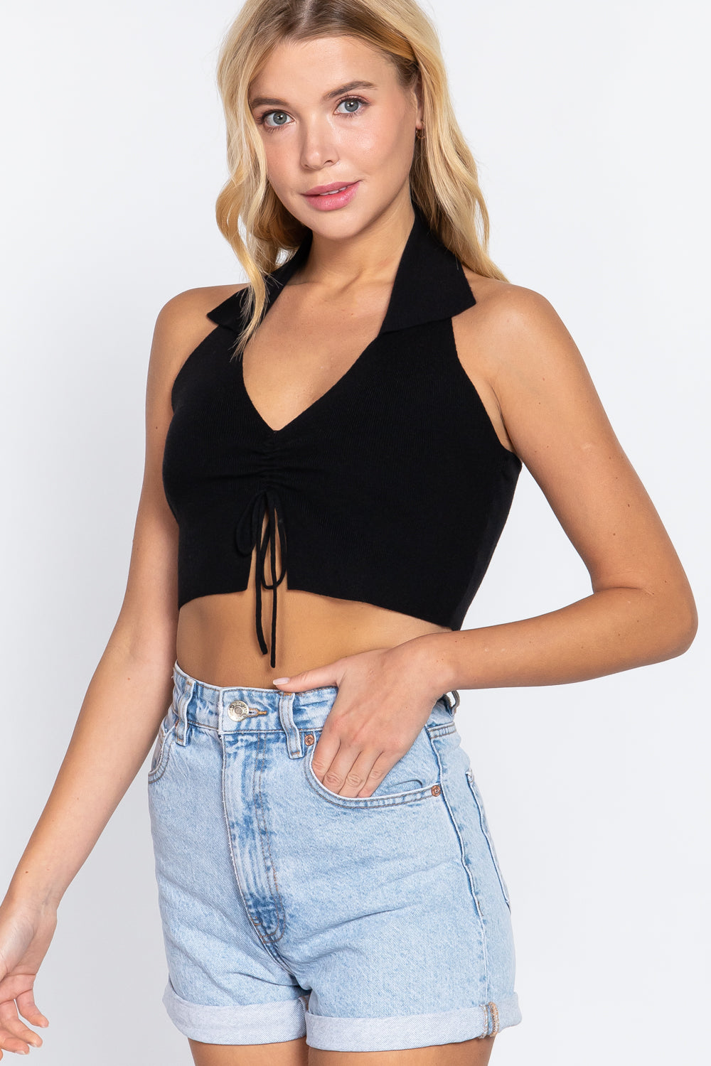 Halter Ruched Crop Sweater Knit Top - SIUM