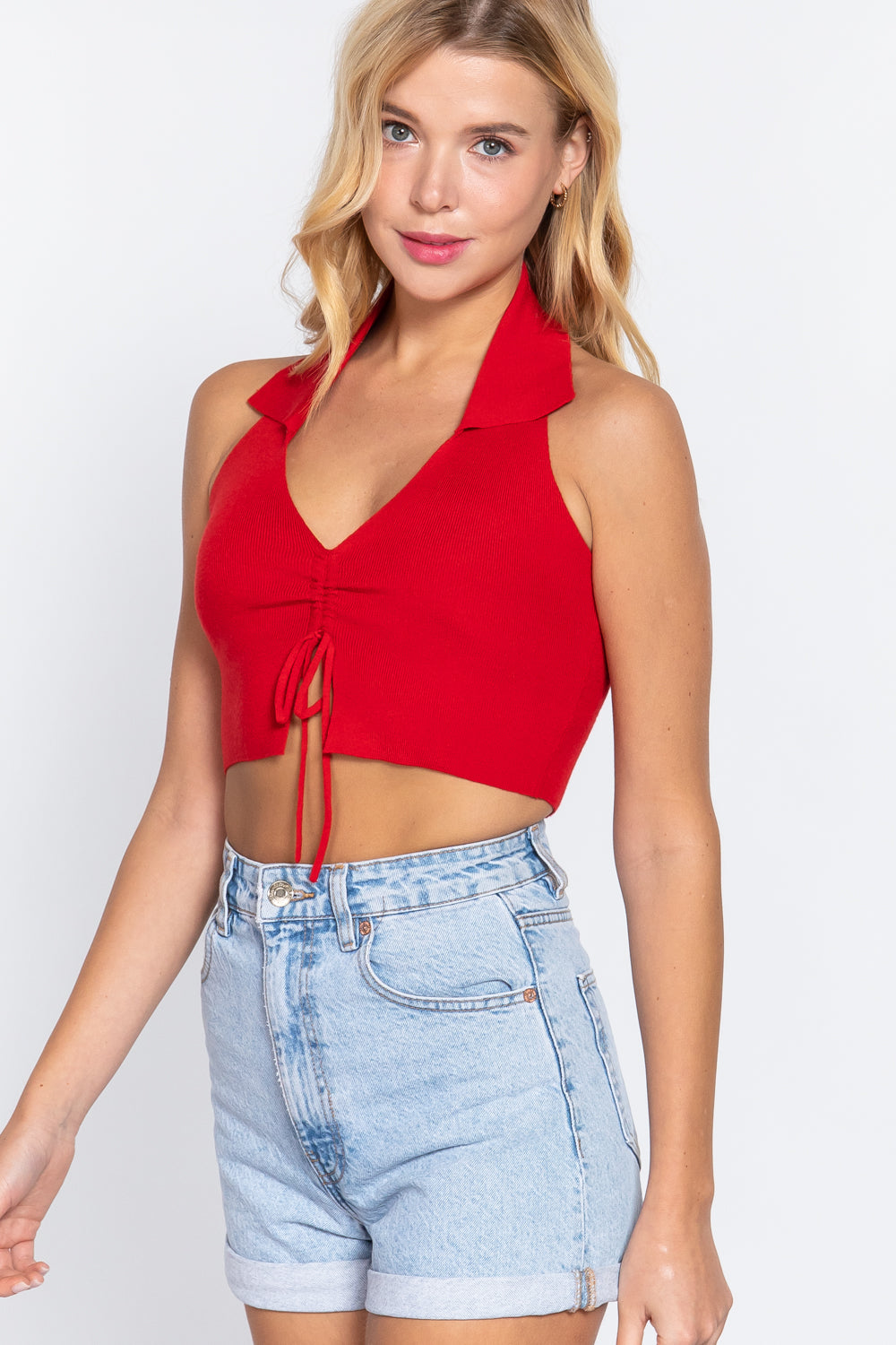 Halter Ruched Crop Sweater Knit Top - SIUM